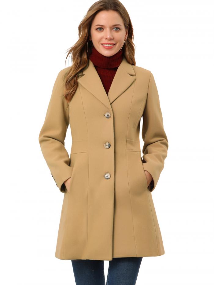 Allegra K ロングコート シングルブレスト ノッチ付きラペル 秋冬 レディース カーキ S