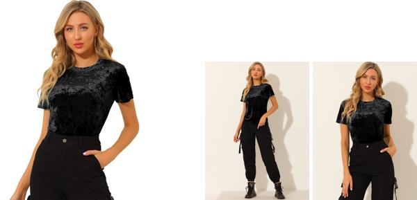 Allegra K ベルベットtシャツ トップス クルーネック 半袖 カジュアル レディース ブラック L uxcelljapan-10307578 uxcell japan サンプル画像2