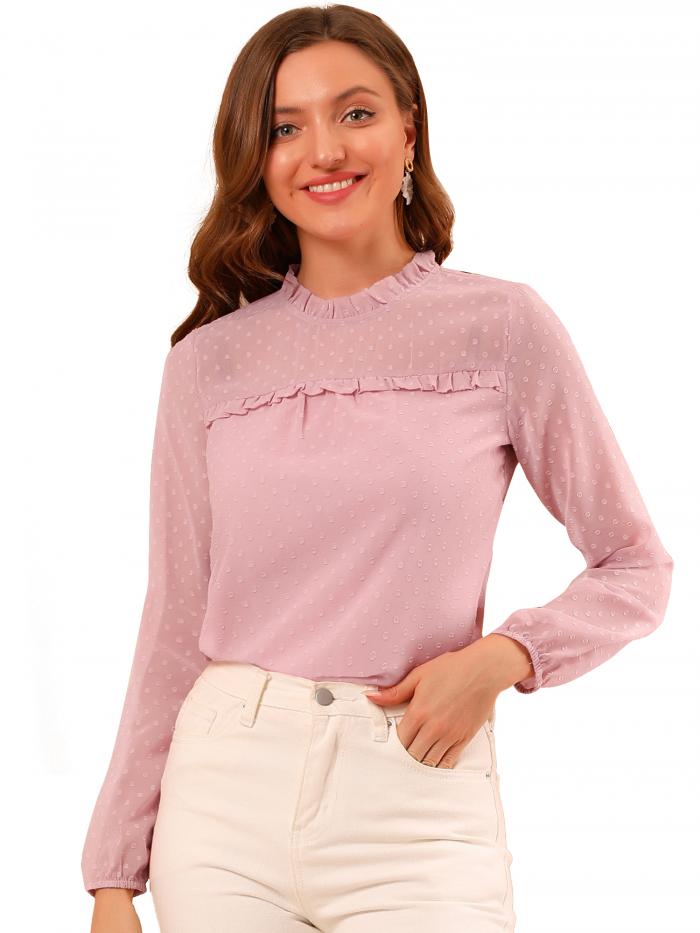 Allegra K フリルネック 長袖 ブラウス 水玉 テクスチャード レディース ピンク S