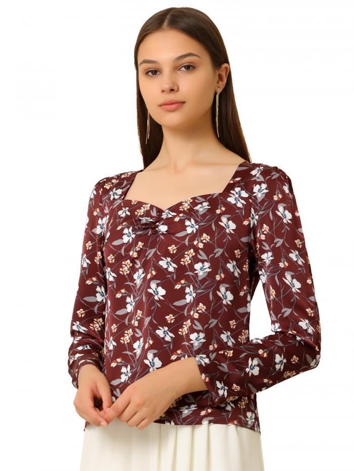 Allegra K 花柄 ブラウス カウルネック 長袖 ヴィンテージ レディース ブルゴーニュ M