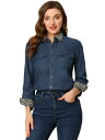 Allegra K デニムシャツ ジャケット トップス ボタンダウン 長袖 胸ポケット レディース ブルー S
