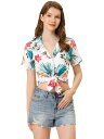 Allegra K 花柄 ハワイアンシャツ 襟付き トップス ブラウス 半袖 ボタンダウン ビーチ レディース レッドブルー M(4)