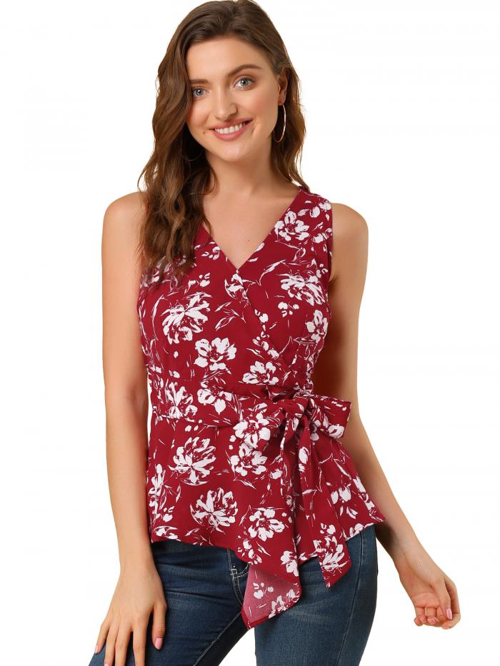 Allegra K ノースリーブ トップス カシュクール 縞 ストライプ柄 Vネック ラップタイ ウエストリボン レディース ワインレッド 花柄 L