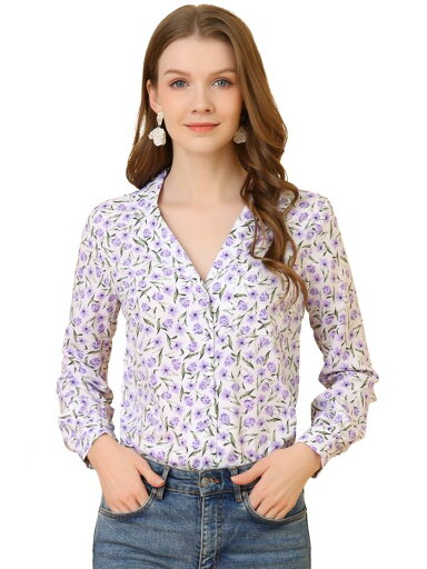 Allegra K シャツ トップス ボタンダウン Vネック ノッチドラペル 長袖 胸ポケット レディース ホワイト S Allegra K シャツ トップス ボタンダウン Vネック ノッチドラペル 長袖 胸ポケット レディース ホワイト S