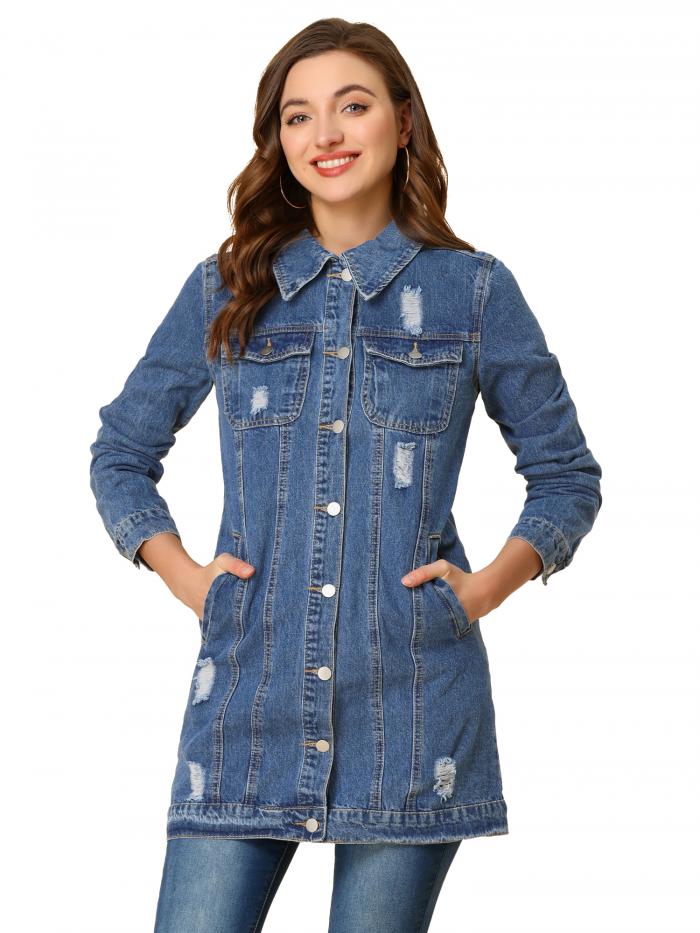 Allegra K デニムジャケット 長袖 カジュアル ウォッシュドデニム レディース ライトブルー S