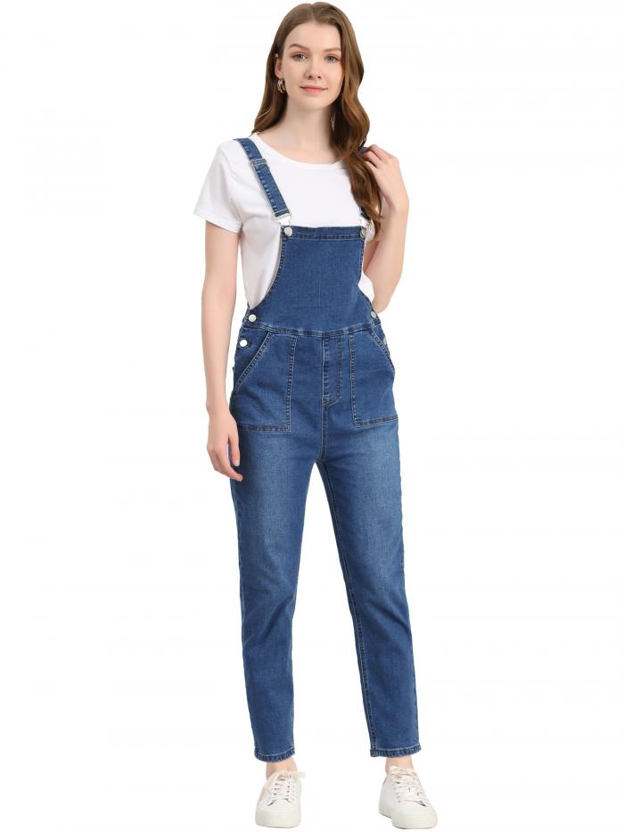 Allegra K デニム スキニーパンツ サスペンダージャンプスーツ ストレッチ タイト カジュアル レディース ライトブルー M