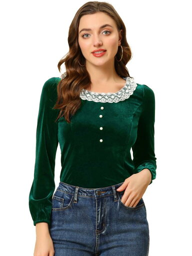Allegra K トップス シャツ レトロ ベルベット クープネック スリムフィット レースパネル レディース ダークグリーン M Allegra K トップス シャツ レトロ ベルベット クープネック スリムフィット レースパネル レディース ダークグリーン M