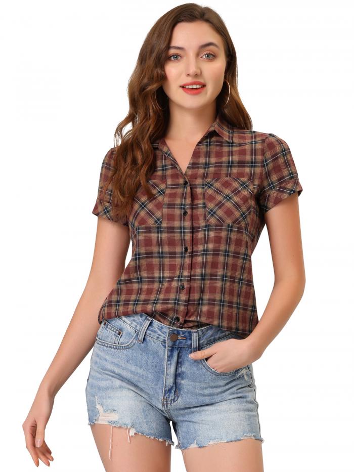 Allegra K 赤チェックシャツ 半袖 フランネル レディース ボタンダウン カジュアル 夏 レッドイエロー M