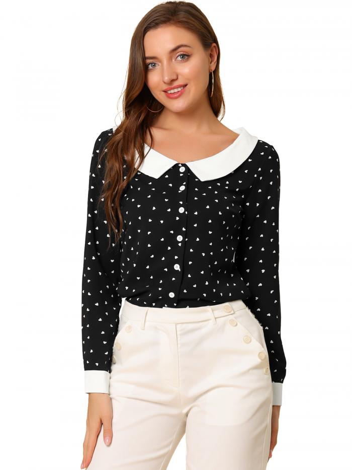 Allegra K 丸襟 シャツ ブラウス ハート柄 コントラストカラー ボタンフロント 長袖 レディース ブラック S