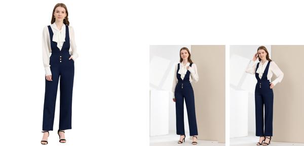 Allegra K ジャンプスーツ オーバーオール ワイドパンツ スラントポケット ロングサスペンダーパンツ レディース ダークブルー S