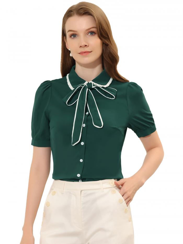 Allegra K ボウタイ シャツ ブラウス コントラスト パフスリーブ 半袖 ボタン留め ネクタイネック レディース ダークグリーン S