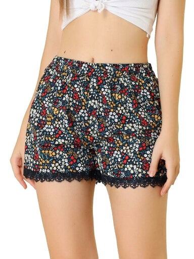 Allegra K ショートパンツ 短パン 花柄 ショーパン ショーツ レース裾 ウェストゴム レディース ネイビーブルー 黄赤 S Allegra K ショートパンツ 短パン 花柄 ショーパン ショーツ レース裾 ウェストゴム レディース ネイビーブルー 黄赤 S
