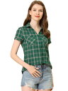 Allegra K 赤チェックシャツ 半袖 フランネル レディース ボタンダウン カジュアル 夏 グリーンベージュ S