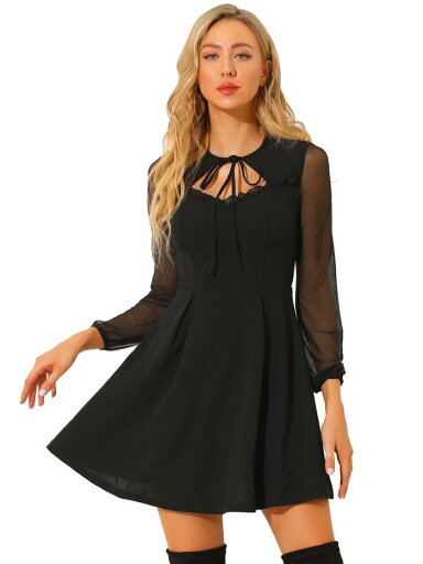 Allegra K ミニドレス ワンピース ネクタイネック フリル Aライン メッシュ 長袖 ゴシック レディース ブラック XL Allegra K ミニドレス ワンピース ネクタイネック フリル Aライン メッシュ 長袖 ゴシック レディース ブラック XL