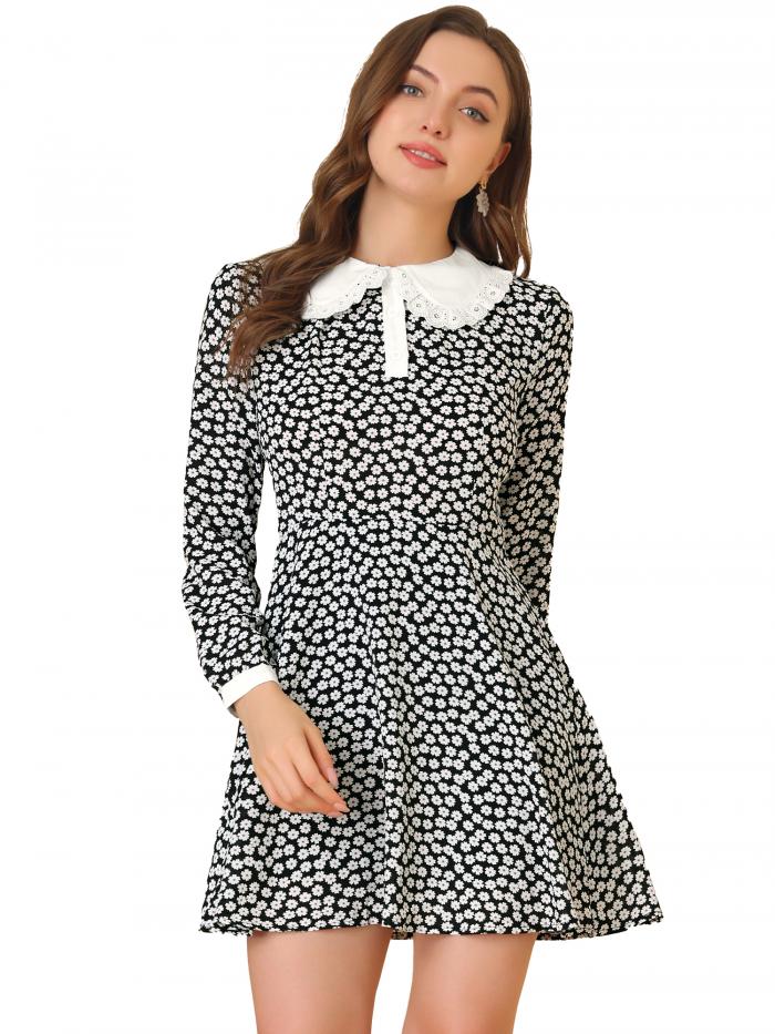 Allegra K フリル丸襟 ワンピース ボタンフロント 長袖 花柄 ミニドレス レディース ブラック XL(4)