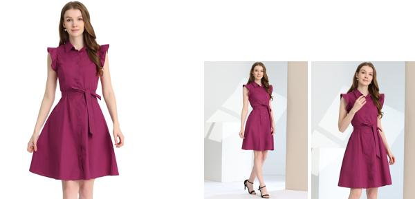 Allegra K シャツワンピース ドレス コットン ボタン留め オフィス フリル 袖なし ベルト付 レディース フクシア L