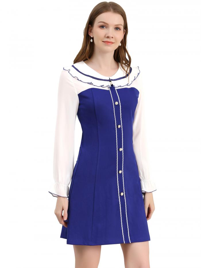 Allegra K Aラインワンピース シフォンパネル ストレッチ 長袖 ドールカラー レディース ブルー XL