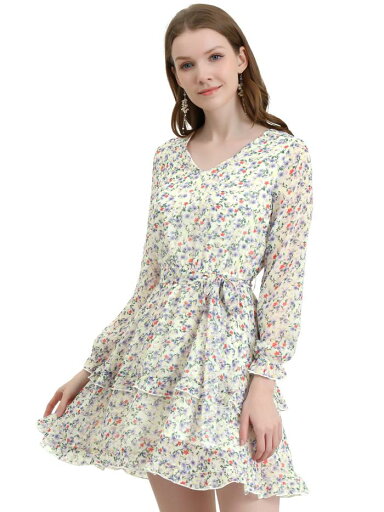 Allegra K aライン花柄ワンピース ドレス Vネック 長袖 ウエストゴム フリル裾 レイヤード レディース パープル XL Allegra K aライン花柄ワンピース ドレス Vネック 長袖 ウエストゴム フリル裾 レイヤード レディース パープル XL