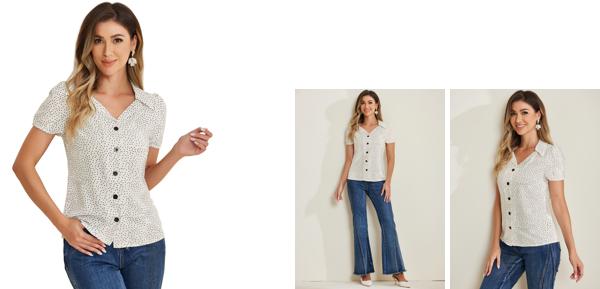 Allegra K 水玉 シャツ ブラウス ボタンの装飾 レトロ バブルスリーブ襟つき レディース ホワイト XS