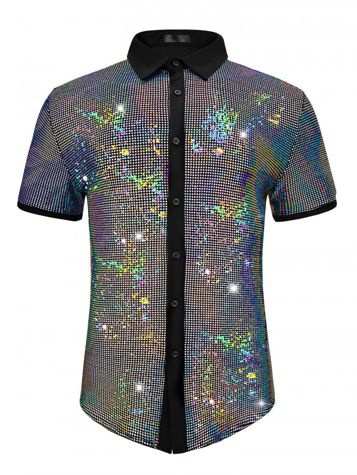 Lars Amadeus メンズ用 スパンコールシャツ コントラストカラー 半袖 ディスコパーティー シャイニーシ..