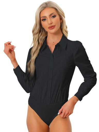 Allegra K ボディスーツ ボタンダウン 長袖 レオタード シャツ 襟付き ビジネス カジュアル トップ レディース ブラック L Allegra K ボディスーツ ボタンダウン 長袖 レオタード シャツ 襟付き ビジネス カジュアル トップ レディース ブラック L