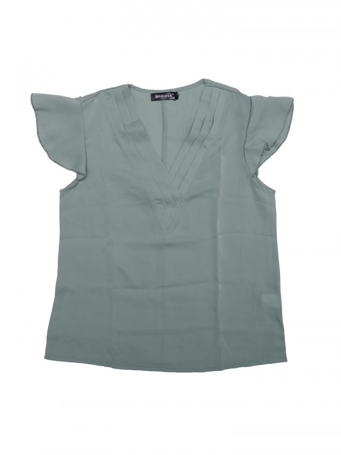 Allegra K レディース プリーツ Vネック トップス フラッター スリーブ サマー カジュアルブラウス シャツ トップス ライトグリーン L