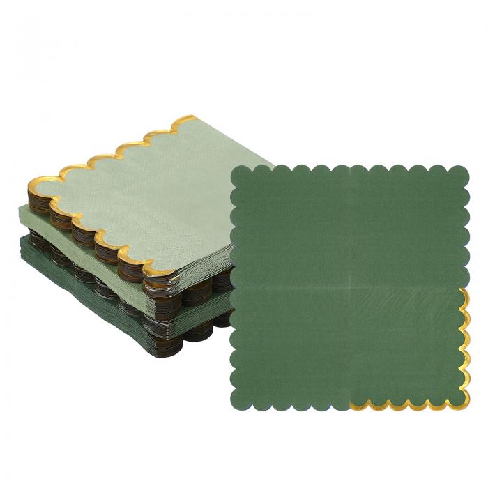 uxcell 金箔エッジ付きのスカロップカクテるナプキん1セット 5 x 5インチの使い捨てスカロップペーパーナプキん ウェディングエンゲージメント記念日パーティーテーブルウェア装飾用（100個 緑）