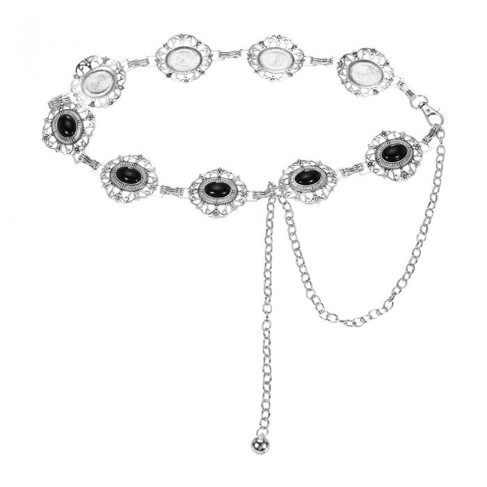 uxcell ウェスタンメタルコンチョチェーンベルト 女性用ドレスジーンズカントリーコンサート衣装用チェーンウエストベルト 黒ホローフラワー