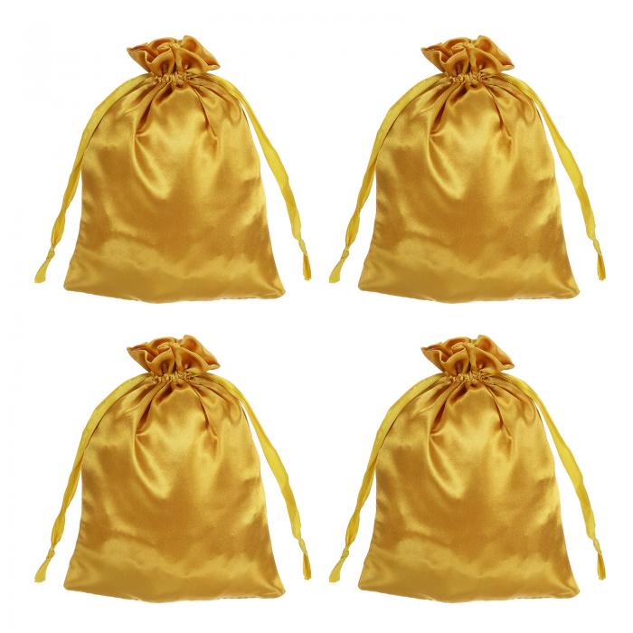uxcell 引き紐付きサテンバッグ、6x8インチのウェディングファボーバッグミニギフトパッケージングバッグ、誕生日、クリスマス、宝石パーティー用（金、4個入り）