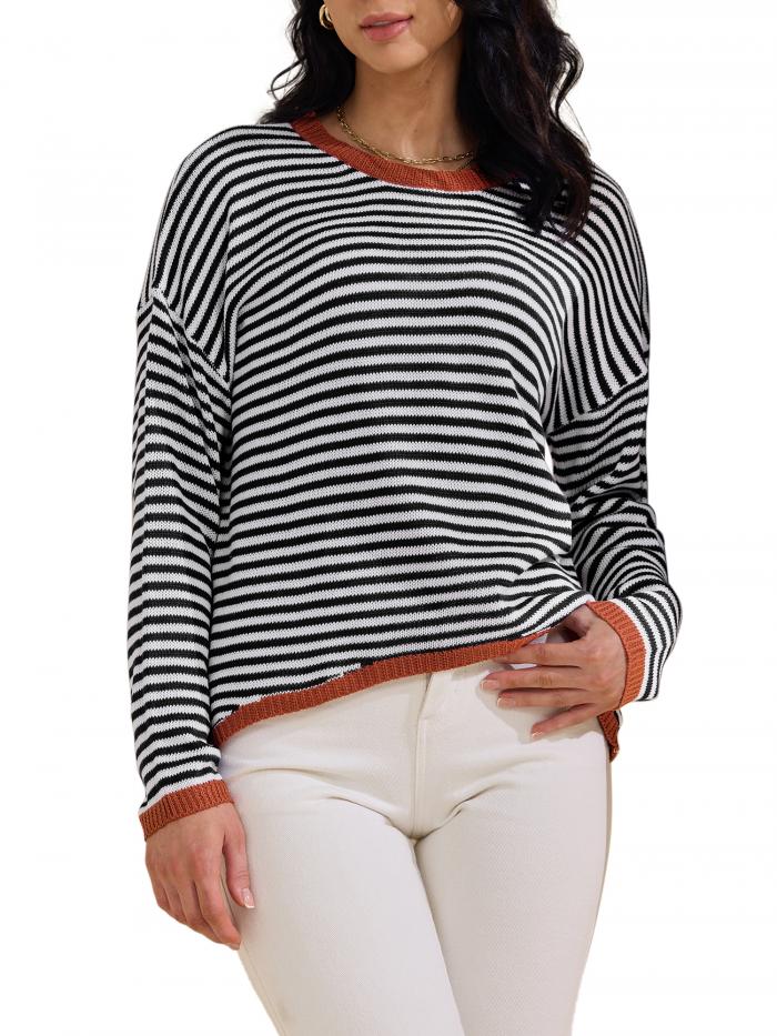 Allegra K レディース ストライプセーター カジュアル カーブヘム ドロップショルダー セーター プルオーバー トップス ブラック 2XL