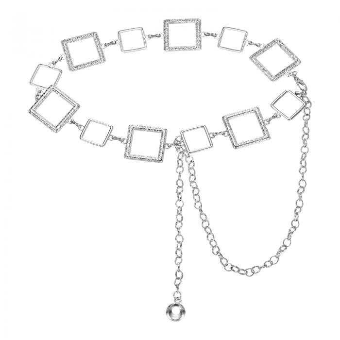 uxcell ウェスタンメタルコンチョチェーンベルト 女性用ドレスジーンズカントリーコンサート衣装用チェーンウエストベルト シルバーホロースクエア