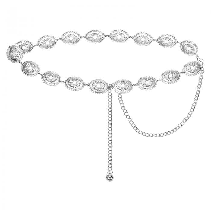 uxcell ウェスタンメタルコンチョチェーンベルト 女性用ドレスジーンズカントリーコンサート衣装用チェーンウエストベルト シルバーリトルオーバル