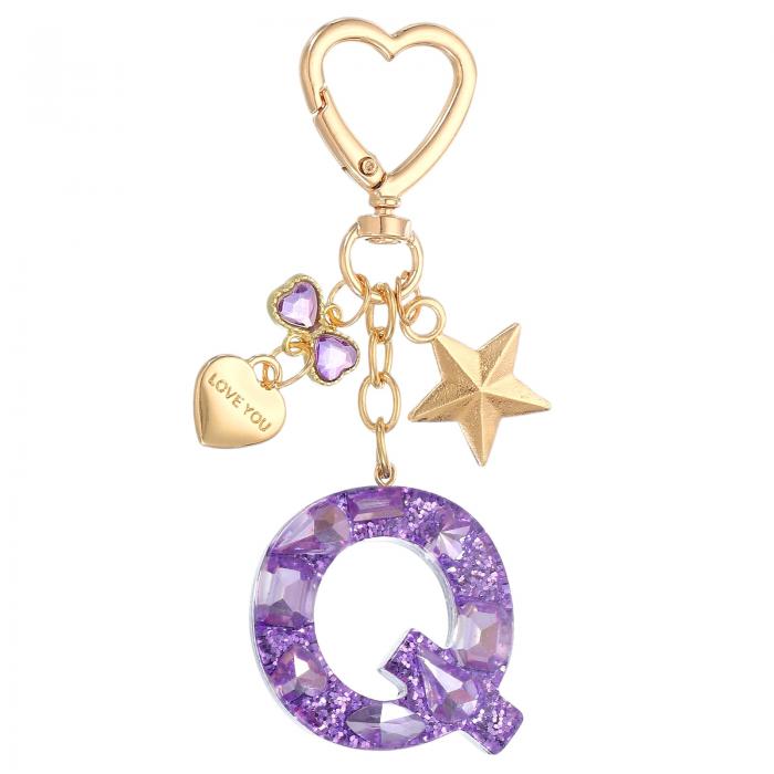 PATIKIL かわいいイニシャルレターキーチェーン レターQ 女性用ブリングラブバタフライスター バッグバックパック財布車のキーカップアクセサリー パープル