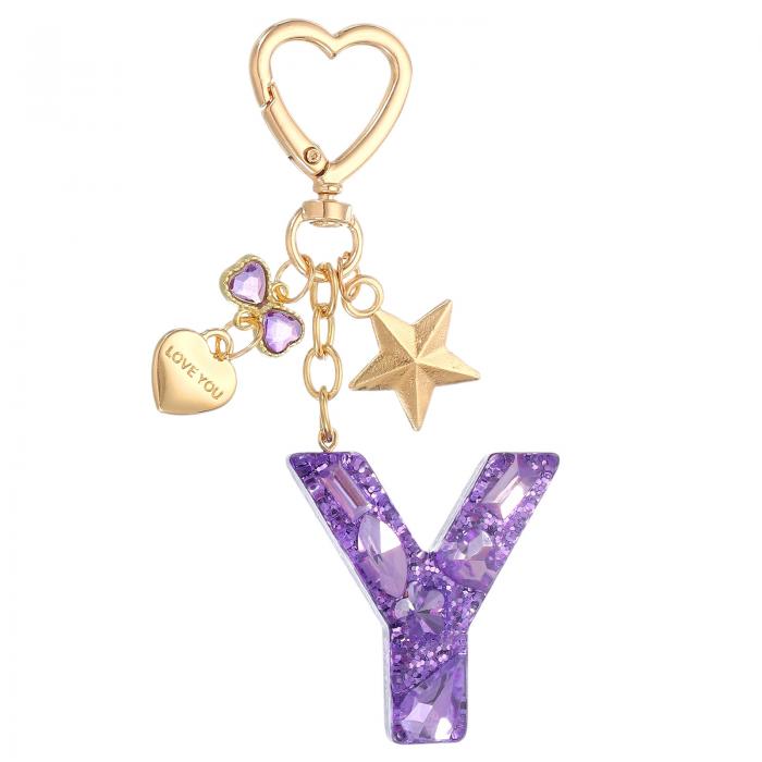 PATIKIL かわいいイニシャルレターキーチェーン レターY 女性用ブリングラブバタフライスター バッグバックパック財布車のキーカップアクセサリー パープル