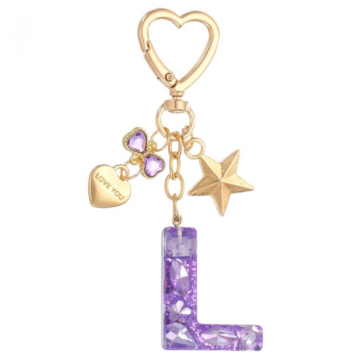 PATIKIL かわいいイニシャルレターキーチェーン レターL 女性用ブリングラブバタフライスター バッグバックパック財布車のキーカップアクセサリー パープル
