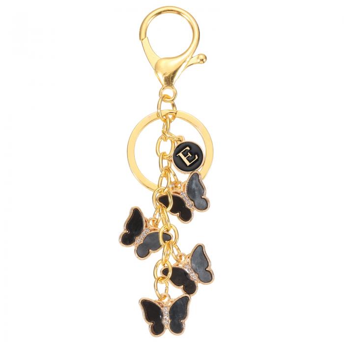 PATIKIL バタフライ イニシャル レター キーチェーン アルファベット E パーソナライズド メタル 黒 キ..