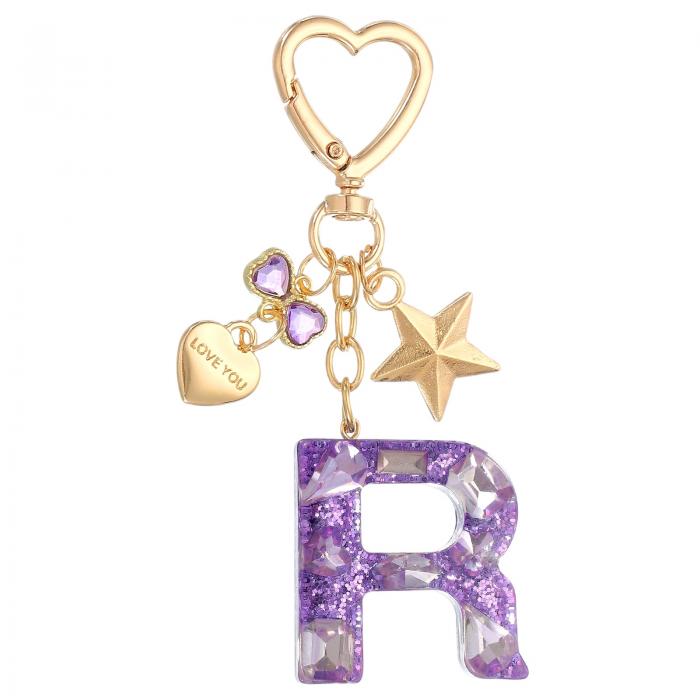 PATIKIL かわいいイニシャルレターキーチェーン レターR 女性用ブリングラブバタフライスター バッグバックパック財布車のキーカップアクセサリー パープル