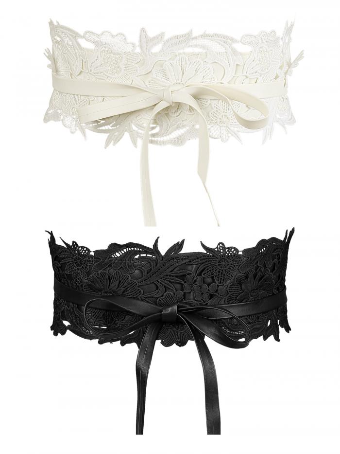 Allegra K レディース 2ピース レース ワイドウエストベルト ラップアラウンド コルセットベルト リボン結び ドレス用 黒+白 65-80cm