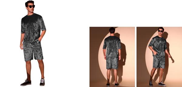 Lars Amadeus メンズ 夏用 ベルベット衣装 半袖 パーティー用 ベロアTシャツ＆ショーツセット ブラック 2XL