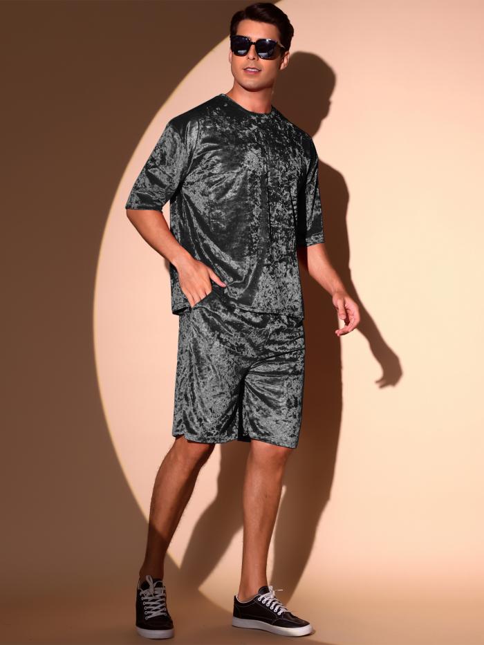 Lars Amadeus メンズ 夏用 ベルベット衣装 半袖 パーティー用 ベロアTシャツ＆ショーツセット ブラック 2XL