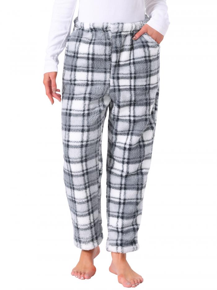 cheibear Womens Fuzzy Fleece Plush Plaid Pajama Pants Winter Warm ラウンジ Sleepwear...