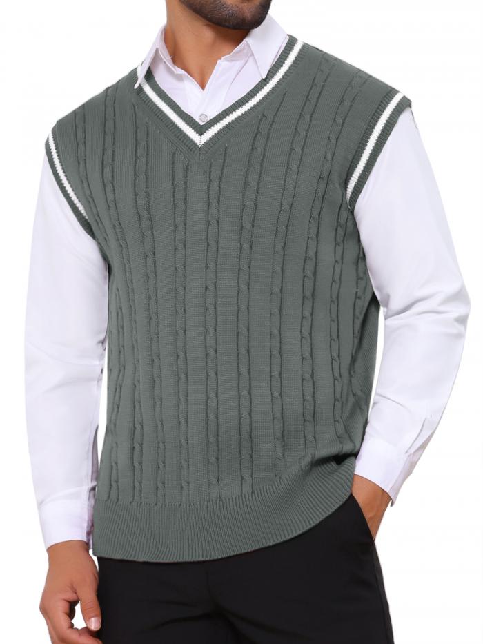 TATT 21 メンズ 無地 Vネック ノースリーブ ケーブルニット セーターベスト ダークグレー XL