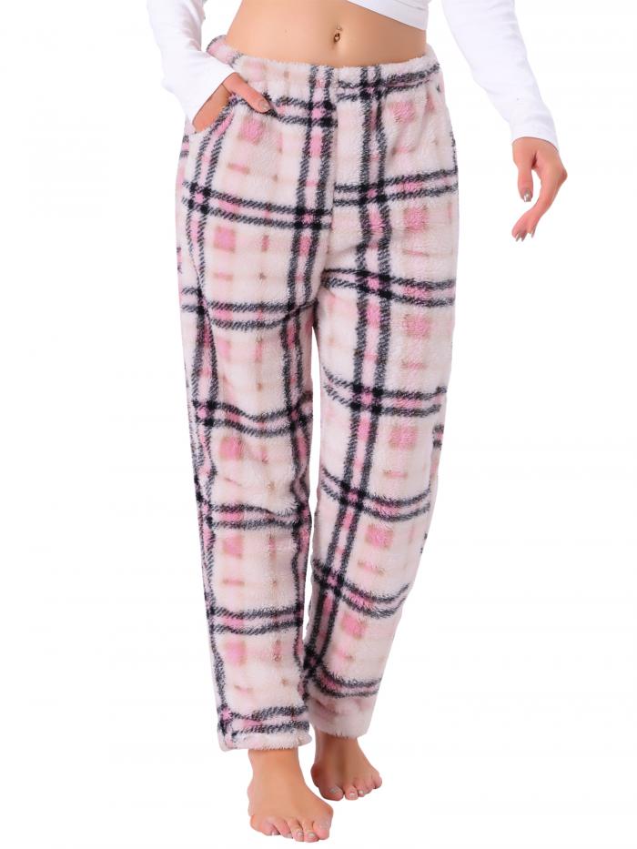 cheibear Womens Fuzzy Fleece Plush Plaid Pajama Pants Winter Warm ラウンジ Sleepwear...
