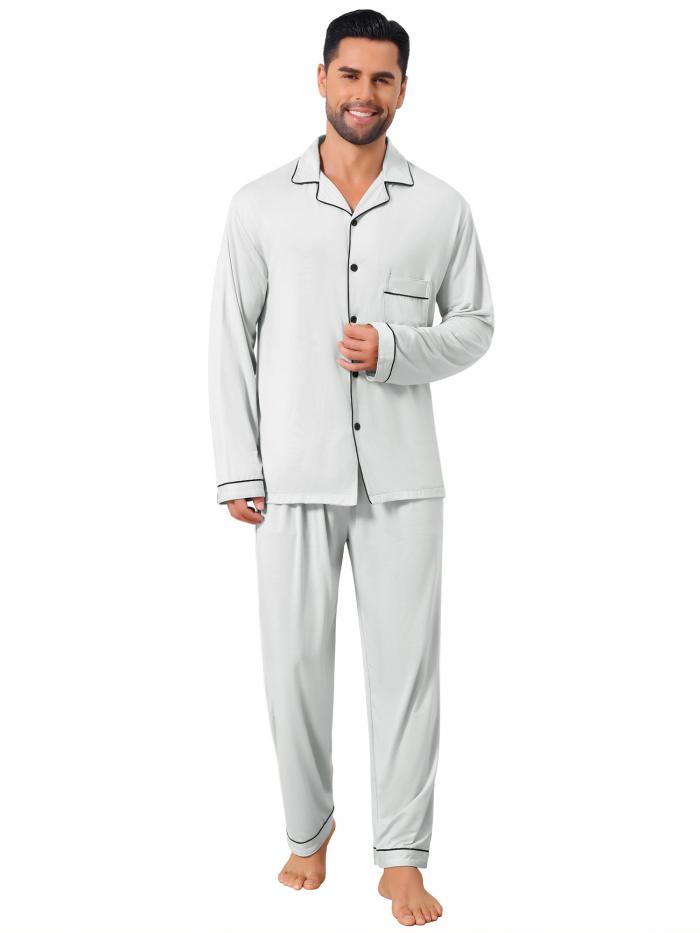 Lars Amadeus メンズ 2ピース 長袖 無地 ボタンダウン カジュアル パジャマ セット ホワイトグレー L