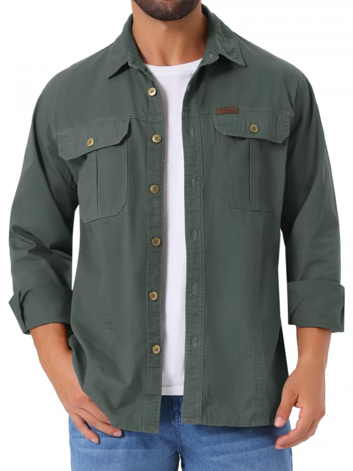 TATT 21 メンズ カジュアル ワークウェア 長袖 ボタンダウン ポケット付き フィッシング ハイキング ワークシャツ グレー M(4)