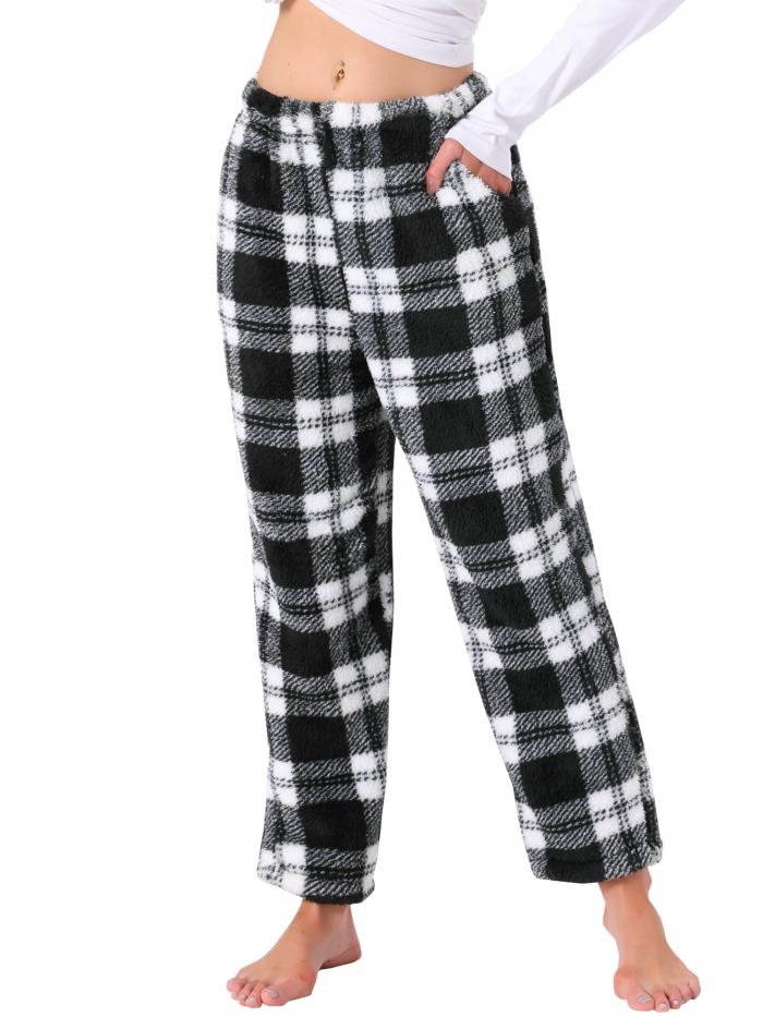 cheibear Womens Fuzzy Fleece Plush Plaid Pajama Pants Winter Warm ラウンジ Sleepwear...