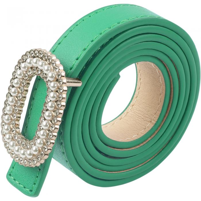 Elerevyo レディース フェイクレザー 細ベルト パールラインストーンバックル付き ジーンズパンツ用 緑 103x1.8cm/40.6x0.7