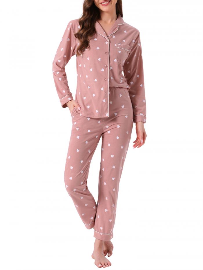 cheibear Womens ラウンジ Set Cotton Button Up Cute Pattern Print Long Sleeve Notched Collar Pants Set with Pockets Pajama Set Heart L