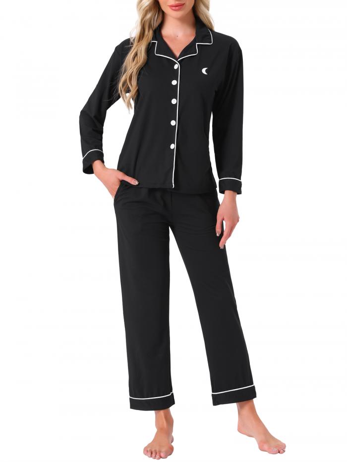 uxcell Womens Cotton Sleepwear Button Down ラウンジ Long Sleeve Shirt and Pants Pajama Sets Black S