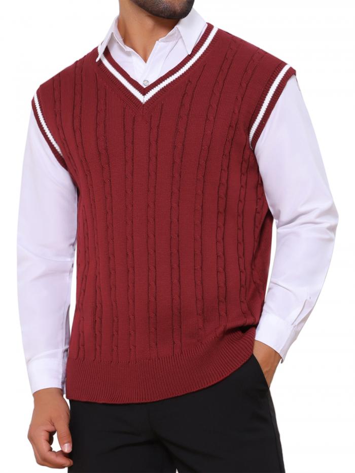 TATT 21 メンズ 無地 Vネック ノースリーブ ケーブルニット セーターベスト レッド M